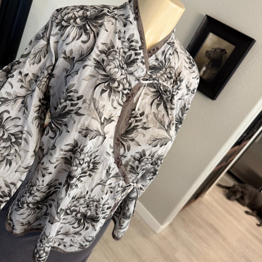 dosa long sleeve high neck cross over w/ ties large floral COTTON BLOUSE